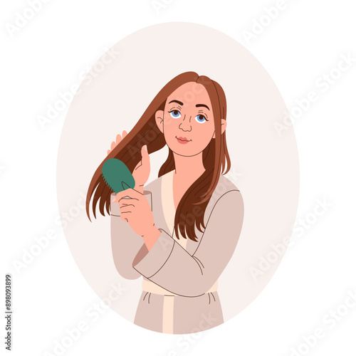 Hair care routine of women. Combing, mask, and cream application. Personal care, Home clothes, morning procedures. Girl with long brown hair with comb in her hands. Vector flat illustration