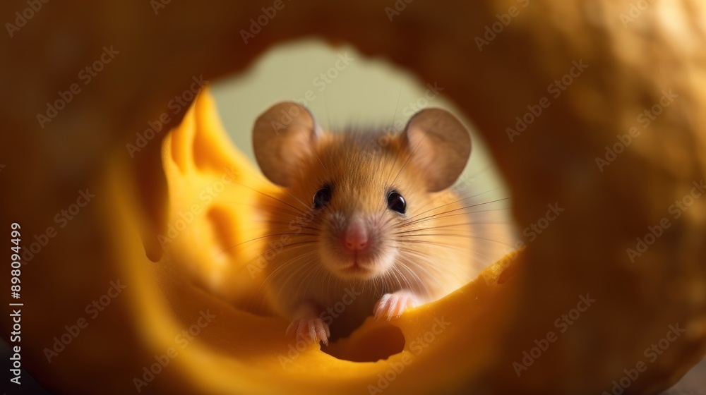 Cute Mouse Peeking Through a Hole in a Cheese Wheel Cute Mouse Peeking Through a Hole in a Cheese Wheel