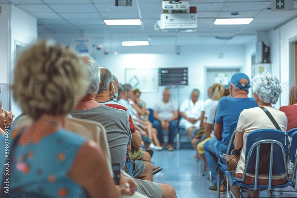 A crowded hospital waiting room with people in need of medical attention, contrasted with a private clinic with immediate service A crowded hospital waiting room with people in need of medical attention, contrasted with a private clinic with immediate service