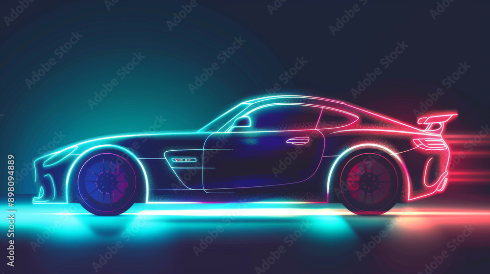 Abstract vector illustration of a side view of a sport car silhouette with a neon glow. Abstract vector illustration of a side view of a sport car silhouette with a neon glow.