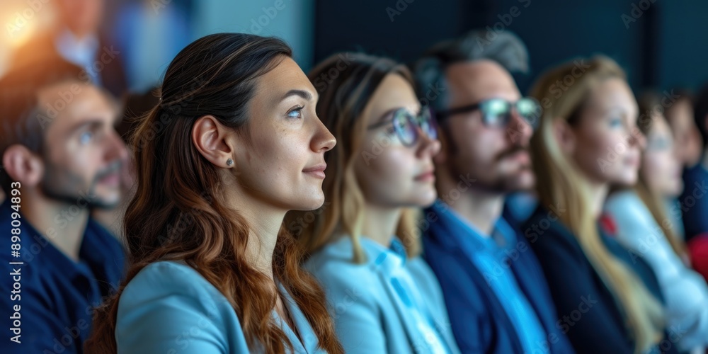 Group of diverse business professionals attending a seminar in a conference room. Presentation and panel discussion taking place. Group of diverse business professionals attending a seminar in a conference room. Presentation and panel discussion taking place.