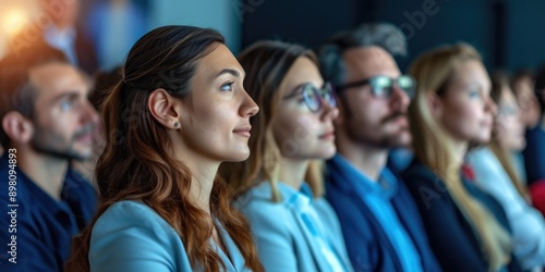 Group of diverse business professionals attending a seminar in a conference room. Presentation and panel discussion taking place.