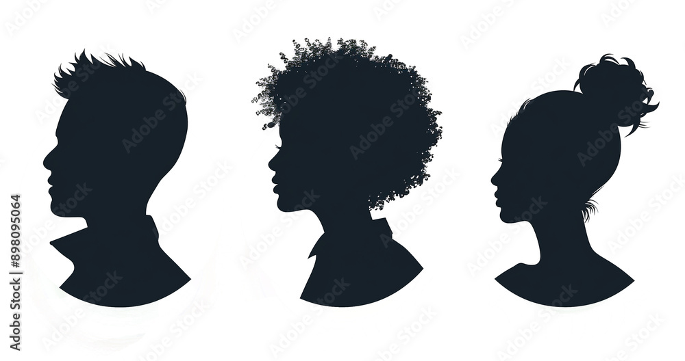Three simple gray and white avatar images of men, women, boys and girls with no facial features. Three simple gray and white avatar images of men, women, boys and girls with no facial features.