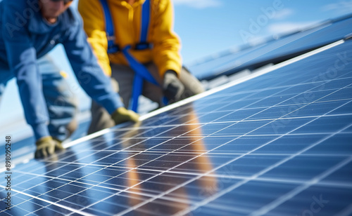 A solar panels installation with workers installing a panel photo