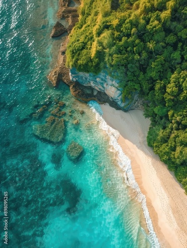A pristine beach with turquoise water, lush vegetation on the shore, and a clear view into the distance.