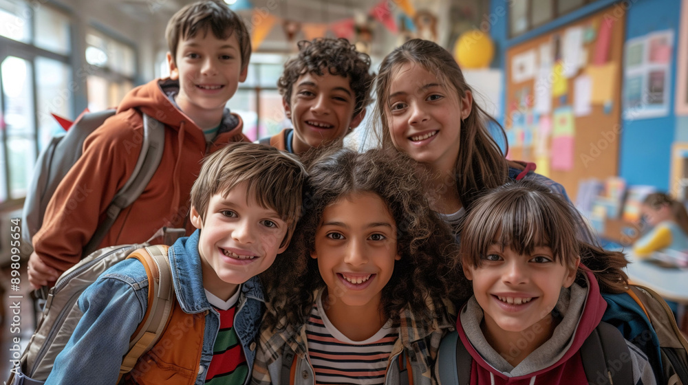 Class selfie in an elementary school. Kids taking a picture together in a co-ed school Class selfie in an elementary school. Kids taking a picture together in a co-ed school