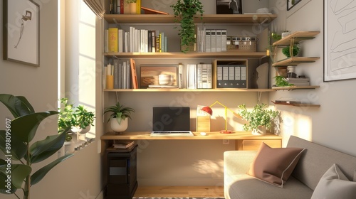 cozy corner in a small apartment transformed into a functional office with a compact desk and overhead shelving