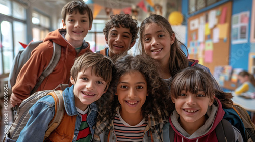 Class selfie in an elementary school. Kids taking a picture together in a co-ed school