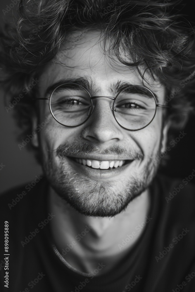 Candid portrait of a bearded young man wearing glasses, smiling and looking directly into the camera. Candid portrait of a bearded young man wearing glasses, smiling and looking directly into the camera.