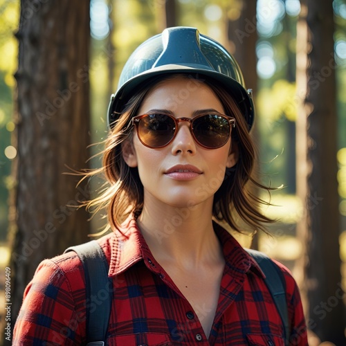 Woman lumberjack wearing  cap, sunglasses, and safety gear next to trees smiling © Kheng Guan Toh