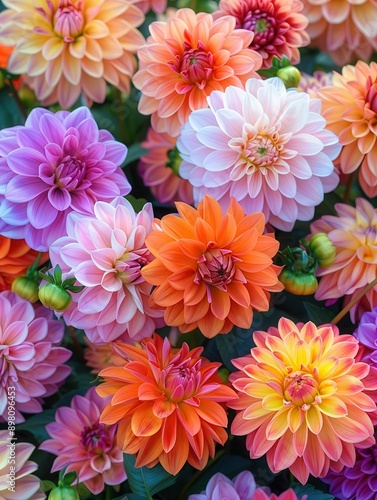Colorful dahlia garden, symmetrical design, sunset glow, bird's-eye view, vibrant hues, detailed blossoms, wide-angle shot