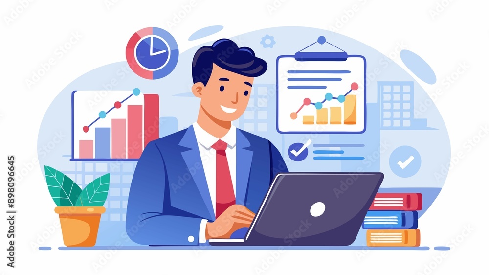 This captivating scene features a businessman analyzing data on a tablet and laptop. The design emphasizes the importance of leveraging data to make informed decisions and optimize business performanc This captivating scene features a businessman analyzing data on a tablet and laptop. The design emphasizes the importance of leveraging data to make informed decisions and optimize business performanc