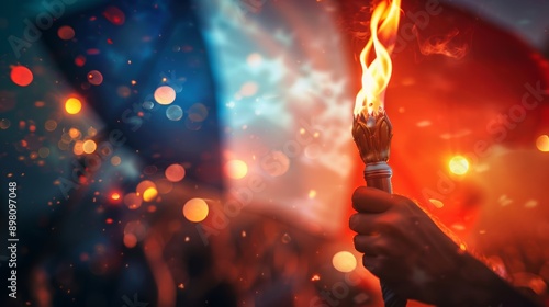 Man Holds Torch Against French Flag background. Olympic Spirit Shines