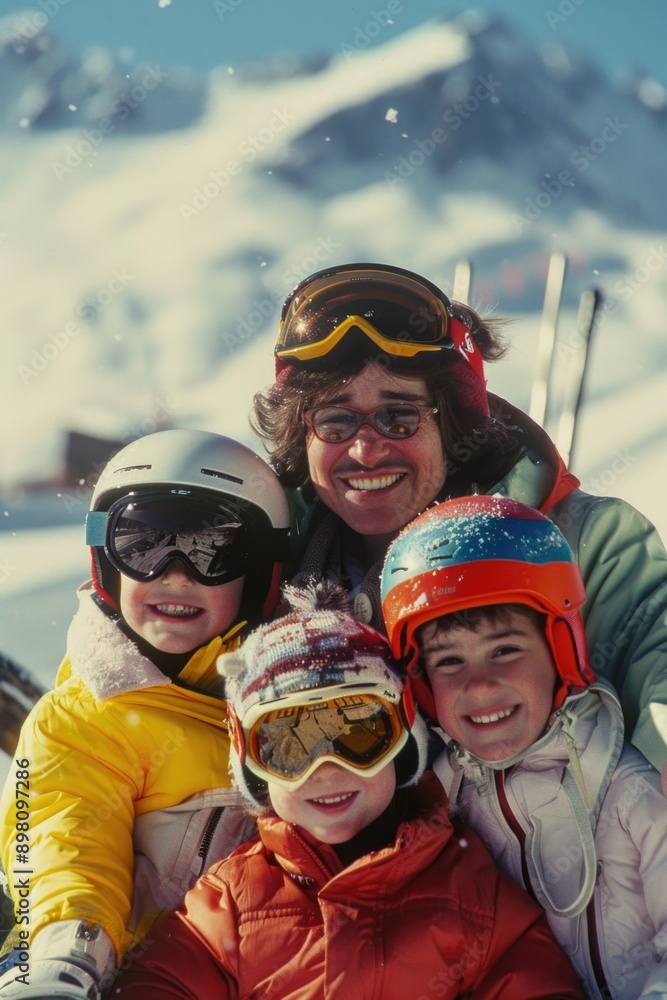 A happy family enjoying a skiing trip in the snowy mountains. The man is holding one child and posing for a photo with his two children. A happy family enjoying a skiing trip in the snowy mountains. The man is holding one child and posing for a photo with his two children.