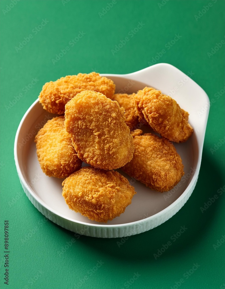 Spicy fried crispy chicken nuggets on green background Spicy fried crispy chicken nuggets on green background