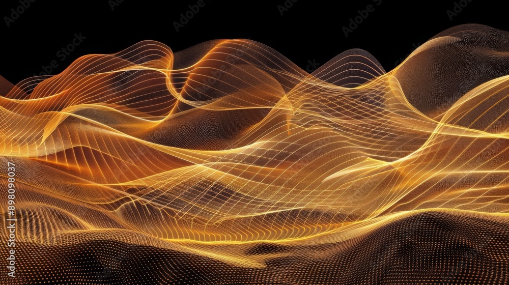 Dynamic energy, golden glowing particles create wavy lines on a black background, ideal for futuristic projects with plenty of space for text Dynamic energy, golden glowing particles create wavy lines on a black background, ideal for futuristic projects with plenty of space for text