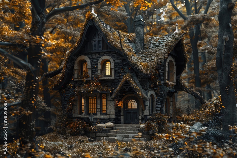 Halloween themed house with glowing windows, surrounded by fall foliage. Halloween themed house with glowing windows, surrounded by fall foliage.