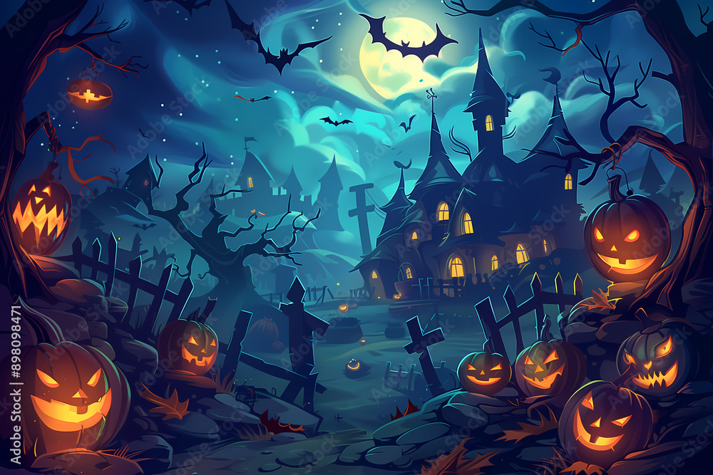 A spooky Halloween theme with glowing pumpkins and haunted house A spooky Halloween theme with glowing pumpkins and haunted house