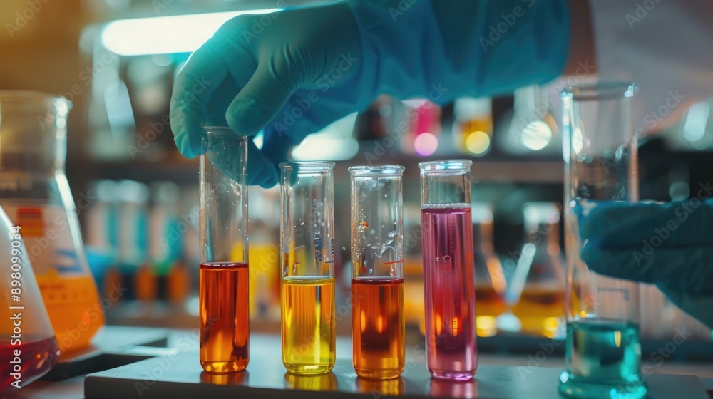A scientist working in a well-equipped laboratory, examining multiple test tubes with colorful liquids under various lights for scientific analysis. A scientist working in a well-equipped laboratory, examining multiple test tubes with colorful liquids under various lights for scientific analysis.