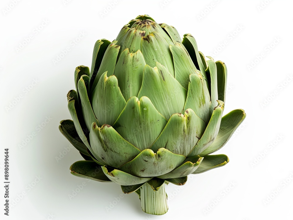 Fototapeta premium Deep Green Artichoke at Golden Mean, Rendered with Crisp Clarity, Contrasts Beautifully with White Background, Compelling Composition Emphasizes Freshness and Quality, Ideal for Food Photography