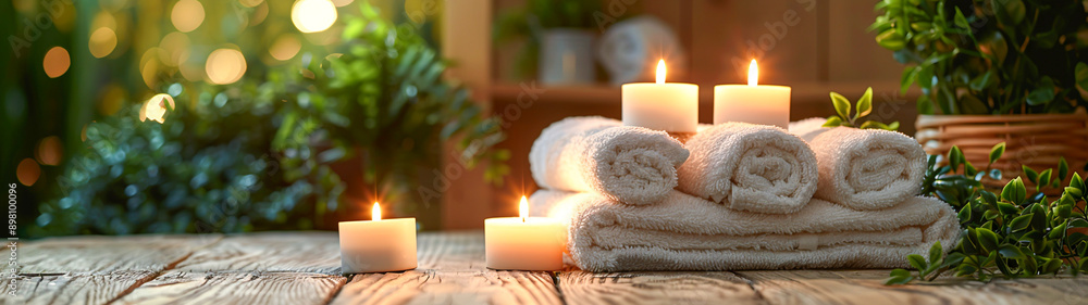 Serene Spa Ambiance with Soft Glow of Candles and Plush White Towels Serene Spa Ambiance with Soft Glow of Candles and Plush White Towels