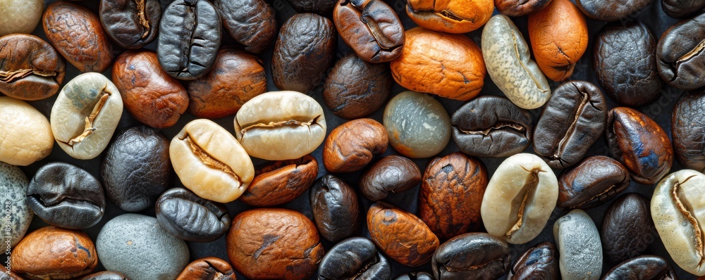 Diverse coffee beans showcasing various colors and textures.
