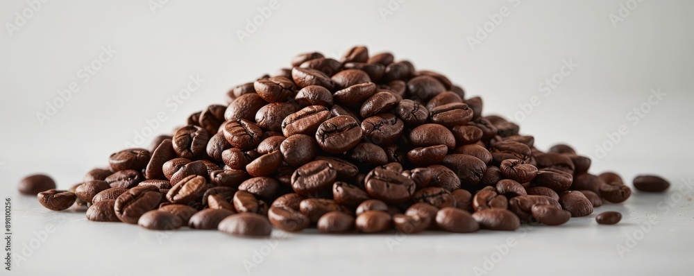 Fototapeta premium Pile of roasted coffee beans on a white background close-up.