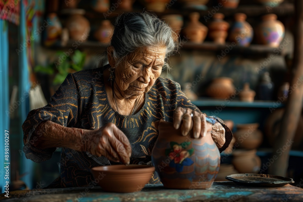 Old woman potter working in her pottery workshop, Vietnam. Old woman potter working in her pottery workshop, Vietnam.