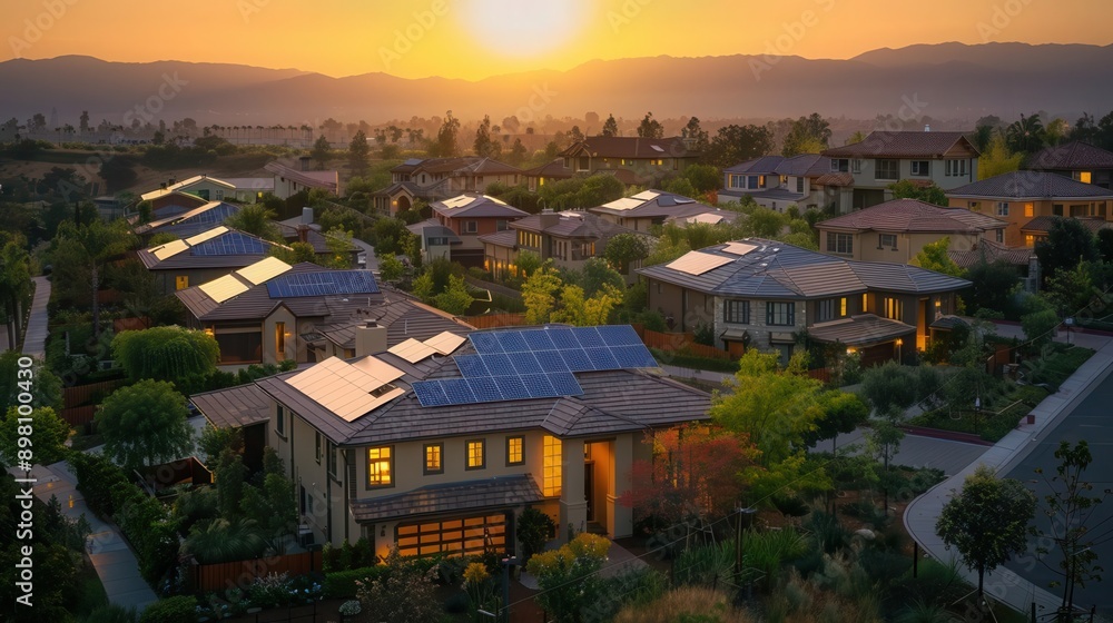 Obraz premium Solar-powered homes, suburban area, sunrise, bird's-eye view, energy efficiency, vibrant reflections, wide-angle shot