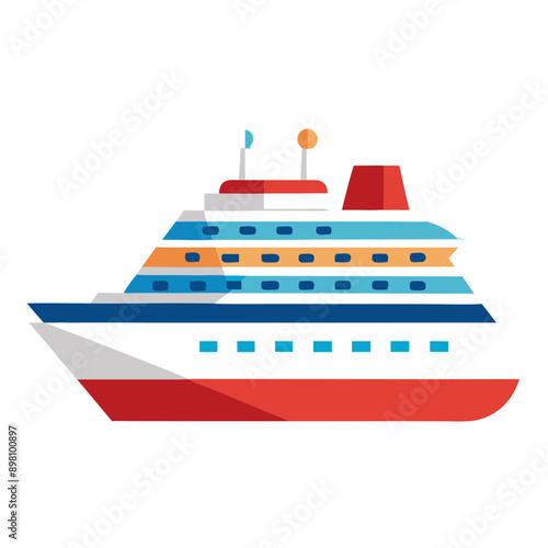 large cartoon cruise ship in shades of red, blue, and white