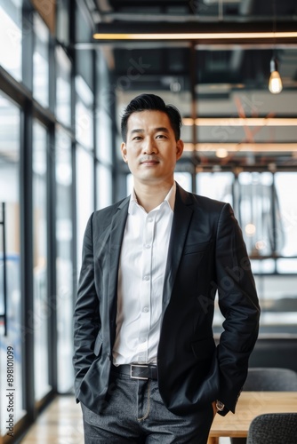 Portrait of an Asian CEO standing in a modern office, Generative AI
