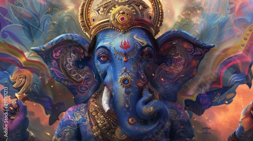 Lord Ganesha with blue skin, calm face, golden crown, white dhoti.