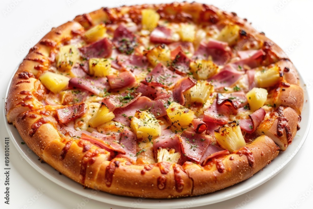 Freshly baked pizza with ham, pineapple, and cheese. Toppings are arranged in a neat line. Freshly baked pizza with ham, pineapple, and cheese. Toppings are arranged in a neat line.