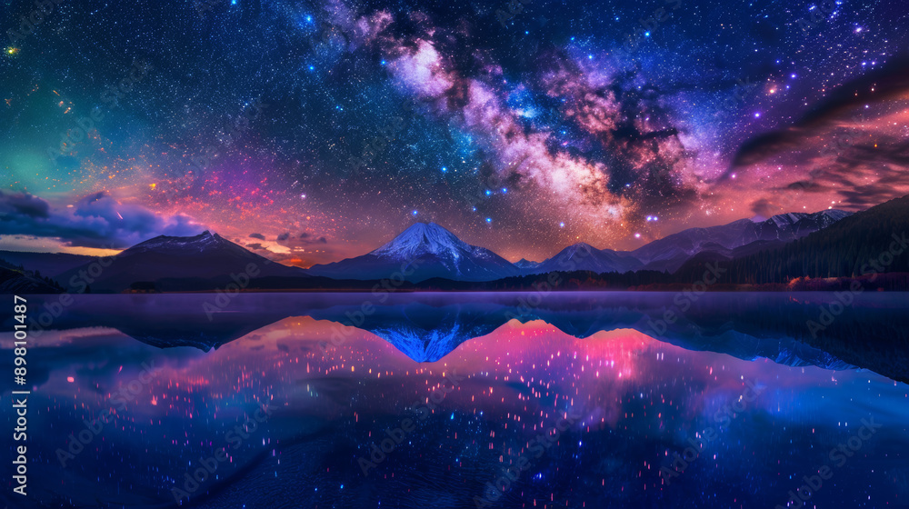 Fototapeta premium Fireworks burst into colorful explosions in the night sky, reflected in the still waters of a lake below.