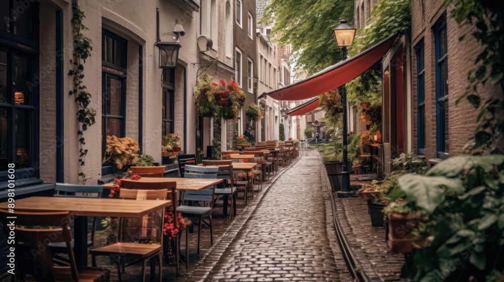 Fototapeta premium Cobblestone Alleyway with Cafe Tables and Red Awning