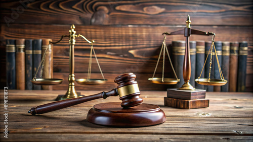 Detailed wooden desk with a judge's gavel, law books, and a miniature scale of justice, symbolizing fairness and equality in a legal context.