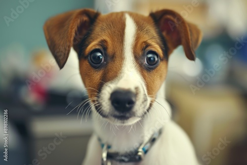 Friendly brown and white puppy with big eyes, wearing collar and tag. Blurred background of office cubicle.