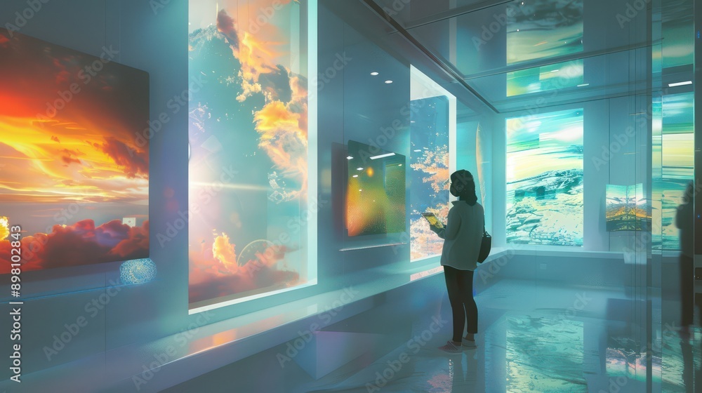 Fototapeta premium digital art exhibit where visitors interact with installations using smartphones to manipulate and personalize the artwork
