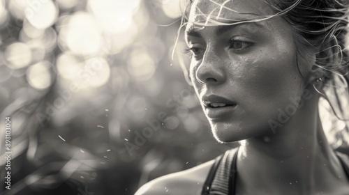 A woman with a wet face and hair. She is wearing a black tank top and a black headband