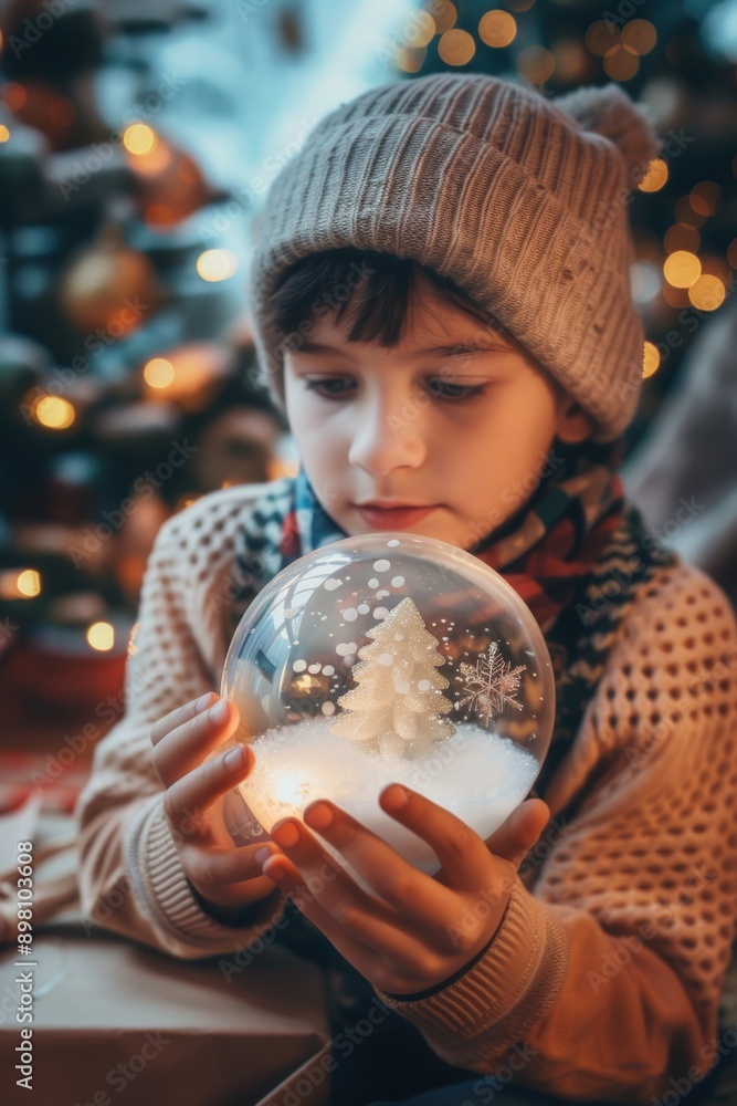 Naklejka premium A young boy holding a holiday ornament with his hands. He is surrounded by Christmas decorations.