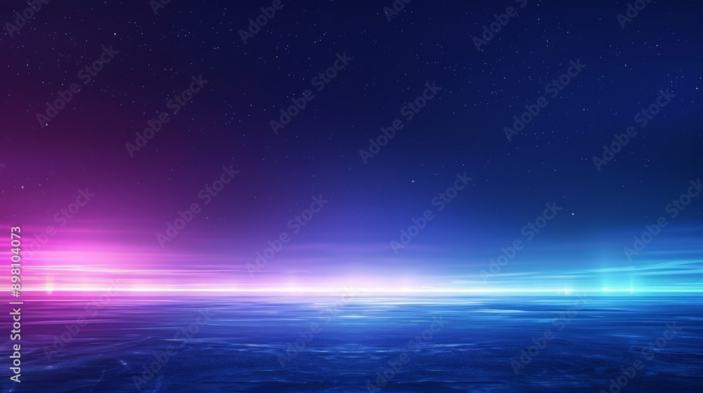 Fototapeta premium Abstract background with a starry night sky reflecting on a water surface illuminated with pink and blue lights