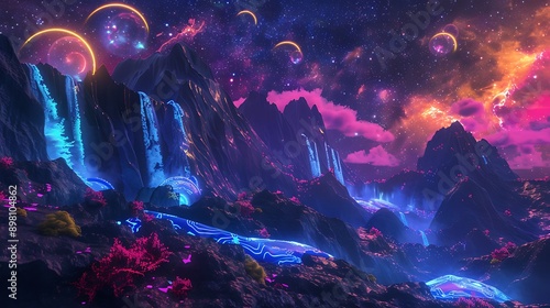 Wallpaper Mural A planet with neon-lit mountains, holographic waterfalls, and bioluminescent forests under a star-filled, electric sky with multiple glowing moons. Torontodigital.ca