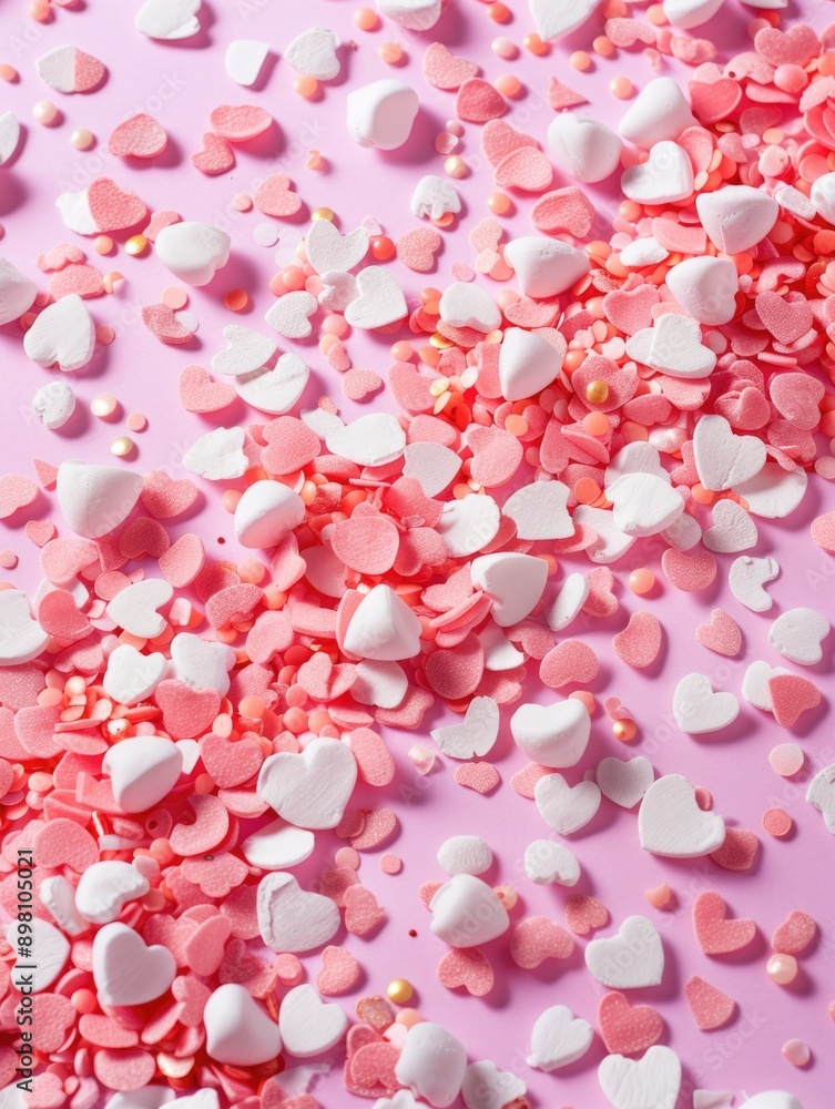 Sweet pink and white heart-shaped sprinkles for decorative purposes. Sweet pink and white heart-shaped sprinkles for decorative purposes.