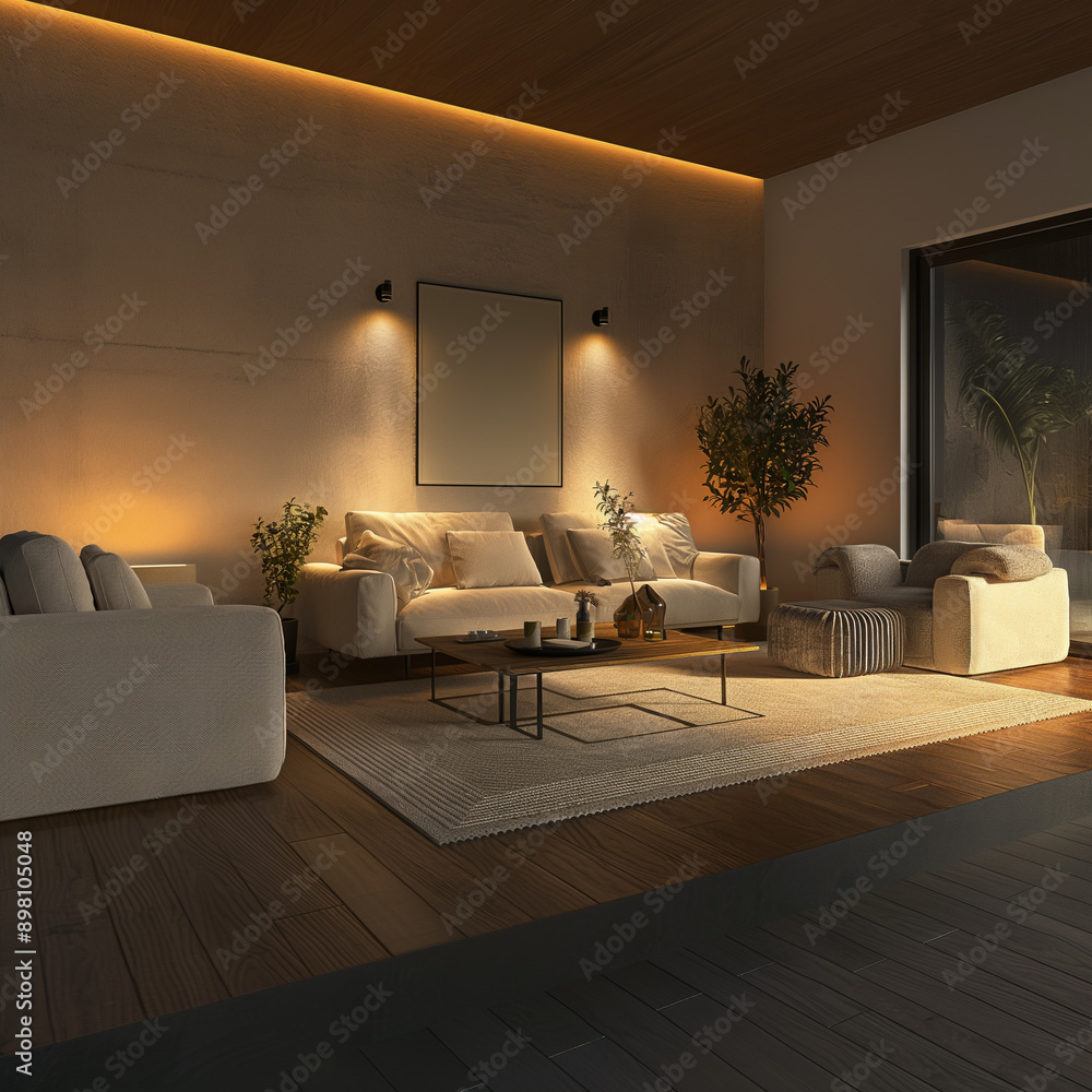 Fototapeta premium modern living room interior with minimalist furniture, warm lighting, a stylish sofa, and a coffee table 