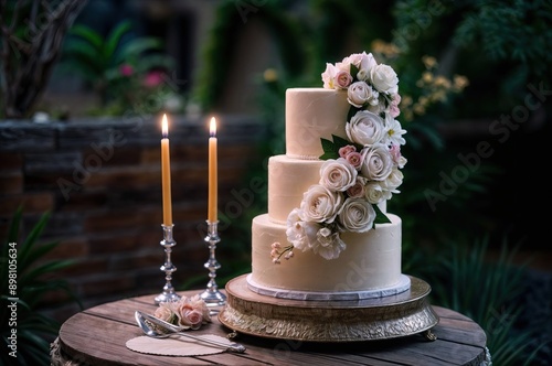 Luxury wedding cake with flowers photo