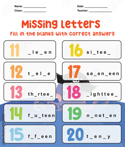Write the missing letters about numbers. Missing letters worksheet. Learning about numbers. Kids educational game. Printable worksheet for preschool. Writing practice.