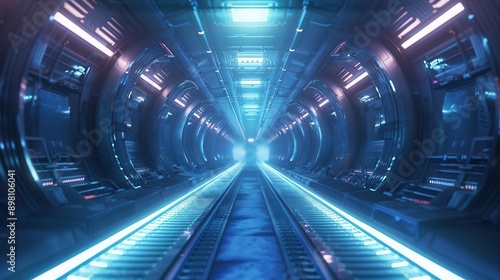 A tunnel with floating, luminescent shapes and abstract textures, guiding the way to a sci-fi passage with advanced AI systems