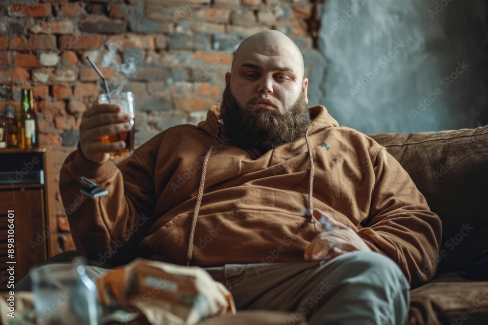 Bearded man relaxing at home in casual wear with a drink on a cozy couch. Living room scene with exposed brick wall. Casual lifestyle and relaxation concept. Generative AI Bearded man relaxing at home in casual wear with a drink on a cozy couch. Living room scene with exposed brick wall. Casual lifestyle and relaxation concept. Generative AI