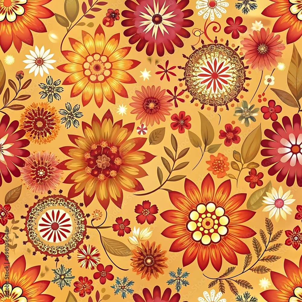Fototapeta premium Floral Pattern in Orange and Red.