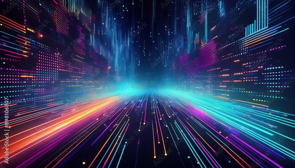 Vibrant abstract digital background with dynamic streams of colorful light and data visualizations for technology themes. Vibrant abstract digital background with dynamic streams of colorful light and data visualizations for technology themes.